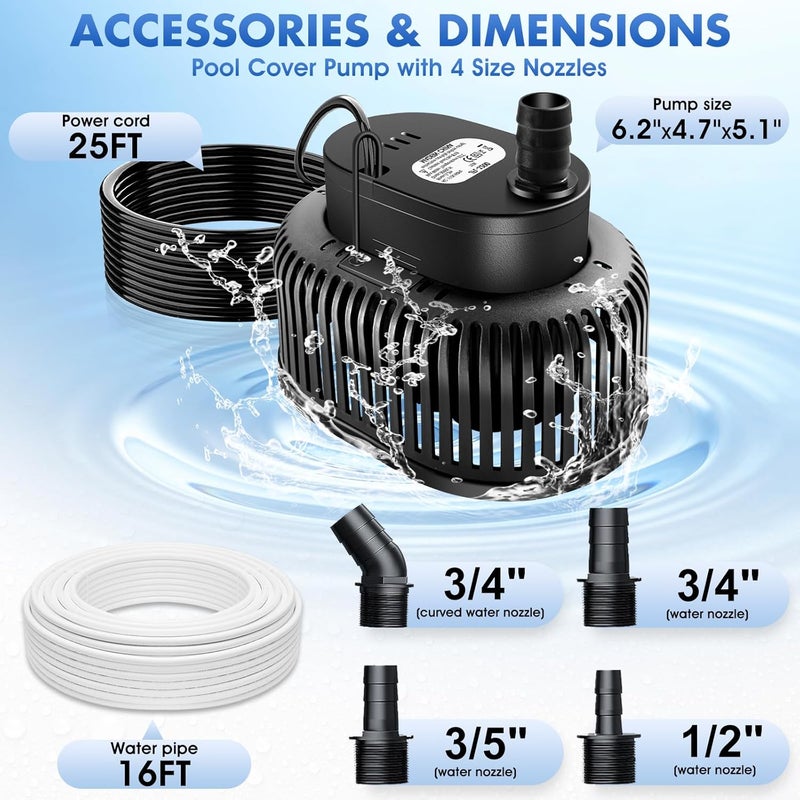 FizZeal Pool Cover Pump Above Ground, Automatic Water Sensor, Sump Pump for Pool Draining, Pool Cover Water Removal 4 Adapters, 16ft Hose & 25ft Power Cord, 850 GPH (Black) - Image 4